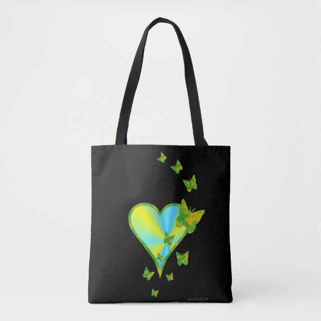 Bolsa Tote Coração arco-íris e borboleta a preto (Frente)