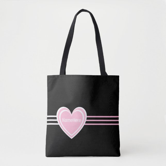 Bolsa Tote Coração Branca Cor-de-Rosa Personalizada - Stripes (Frente)