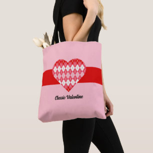 Bolsa Tote Coração Clássico de Argyle Vermelho e Cor-de-Rosa