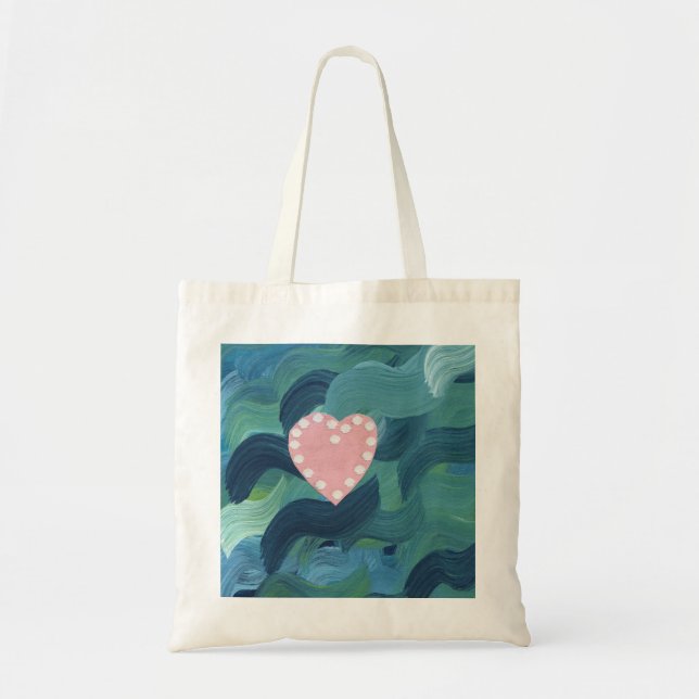Bolsa Tote Coração com Conchas e Ondas do Oceano (Frente)