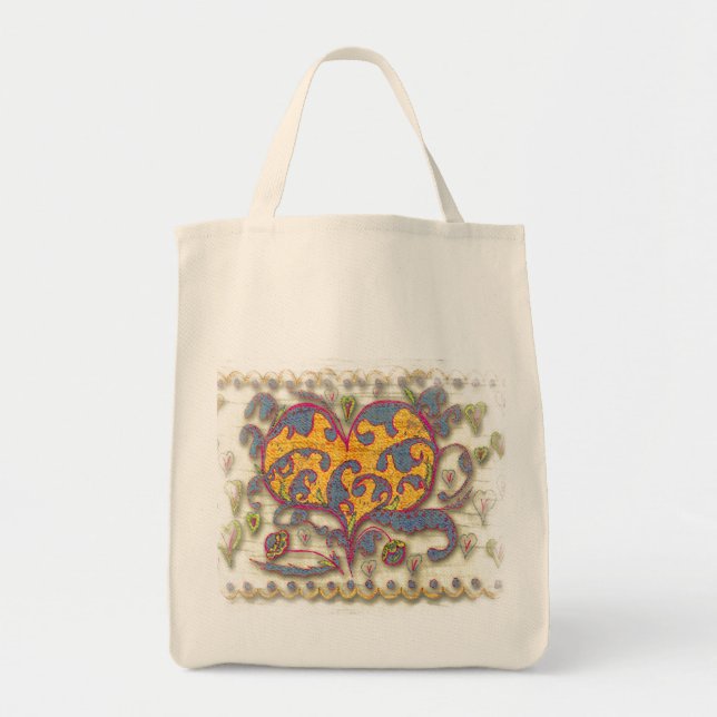 Bolsa Tote Coração da arte popular com folhas e flores (Frente)