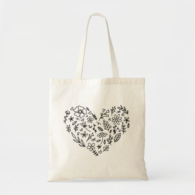 Bolsa Tote Coração de Flor. Botânica de Flores Silvestres (Frente)