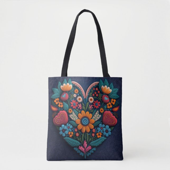 Bolsa Tote Coração de Flores ao estilo ucraniano (Frente)