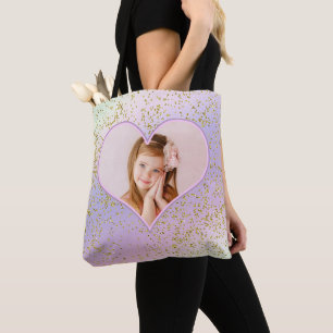 Bolsa Tote Coração de Glitter Dourado Pastel Arco-Íris Foto I