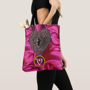 BOLSA TOTE CORAÇÃO DE LACE CUPIDO PRETO MONOGRAMA GEMA ROSA F