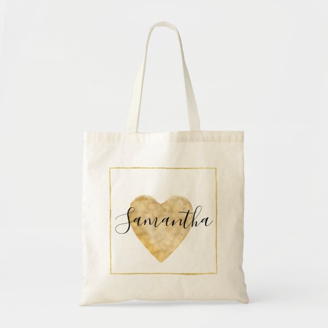 Bolsa Tote Coração Dourado da aguarela (Frente)