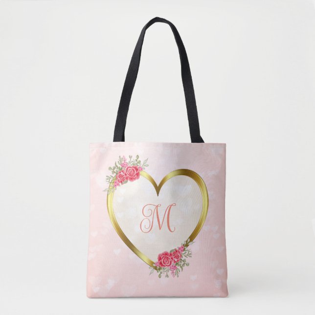 Bolsa Tote Coração Dourado e Rosa Personalizado (Frente)