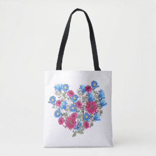 Bolsa Tote Coração floral de aquarelas, flores silvestres bri