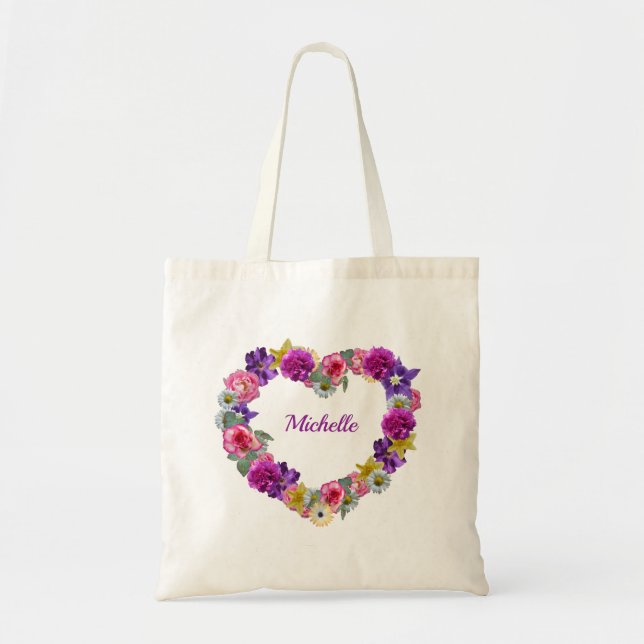 Bolsa Tote Coração Floral Personalizado (Frente)