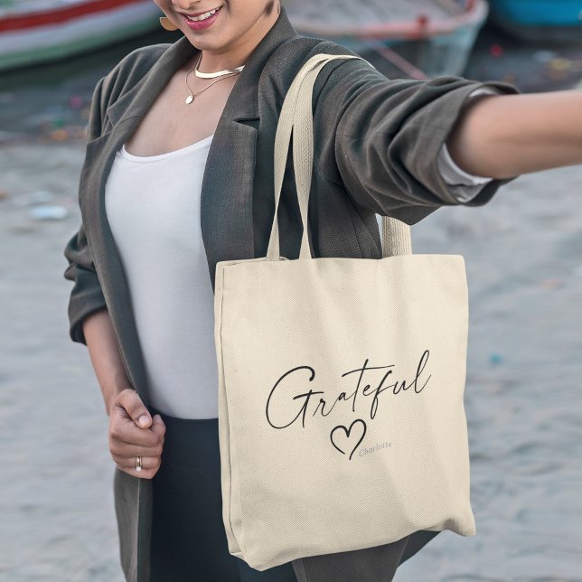 Bolsa Tote Coração Grateful | Seu nome - Script de tinta míni (Criador carregado)