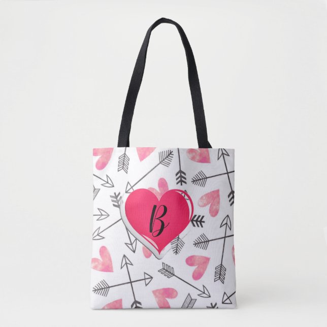 Bolsa Tote Coração personalizável, cor-de-rosa e preto (Frente)