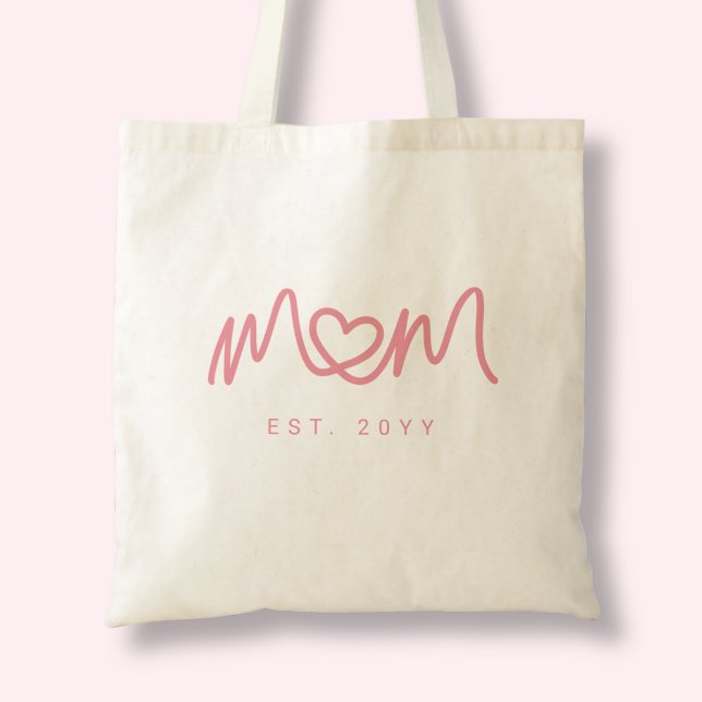 Bolsa Tote Coração Simples de Letra Rosa Fofo Mãe Estabelecid (Cute Pink Simple Script Heart Mom Established Est Tote Bag)