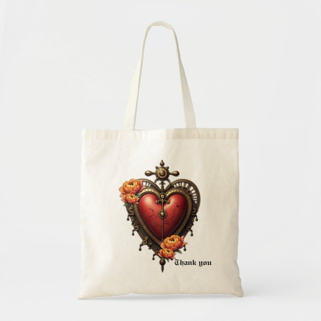 Bolsa Tote Coração Steampunk com Flores. (Frente)