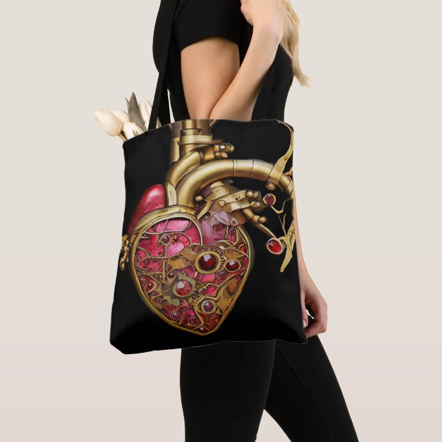 Bolsa Tote Coração Steampunk Rubis e Engrenagens Anatômicas (Close Up)