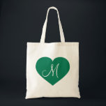 Bolsa Tote Coração Verde Kelly Monograma<br><div class="desc">Esta bolsa tote apresenta um coração verde kelly com uma inicial monograma branca no centro.  Personalize redimensionando/reposicionando o coração verde e/ou personalizando o texto/monograma. Ótimo presente para madrinhas.</div>