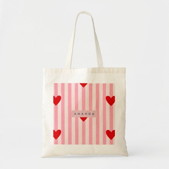 Bolsa Tote Coração Vermelho Divertido Personalizado & Listra  (Frente)