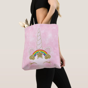 Bolsa Tote Corações cor-de-rosa Dourado Rainbow Star Unicorn