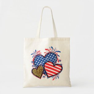 Bolsa Tote Corações de Bandeira Americana Estampa de Leopardo