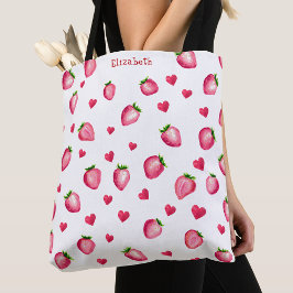 Bolsa Tote Corações de Morango Bonito Berry Sweet Watercolor