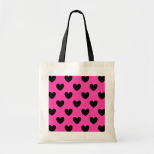Bolsa Tote Corações de polca-preta em rosa-fuchsia