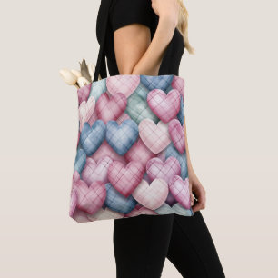 BOLSA TOTE CORAÇÕES DO NAMORADOS DE XADREZ PINK E AZUL PASTEL