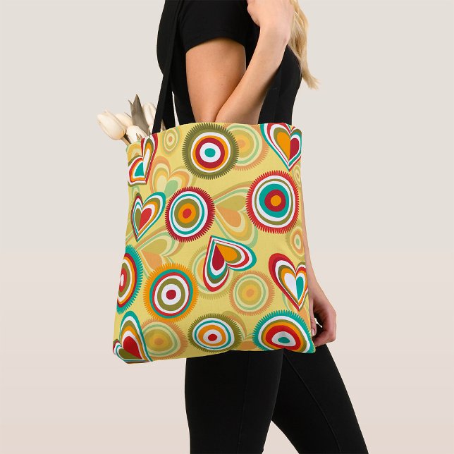 Bolsa Tote Corações e Círculos de Boho Retroativo 70s Padrão  (Criador carregado)