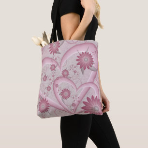 Bolsa Tote Corações e Flores Cor-de-Rosa Abstratos Arte Fract