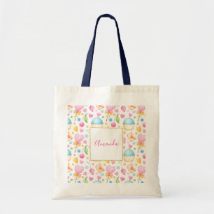 Bolsa Tote Corações e Muffins Delicioso Padrão de Aquarela