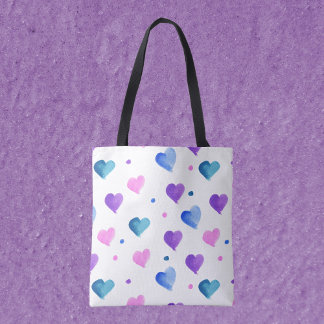 Bolsa Tote Corações Padrão Água Cor Azul Rosa Púrpura