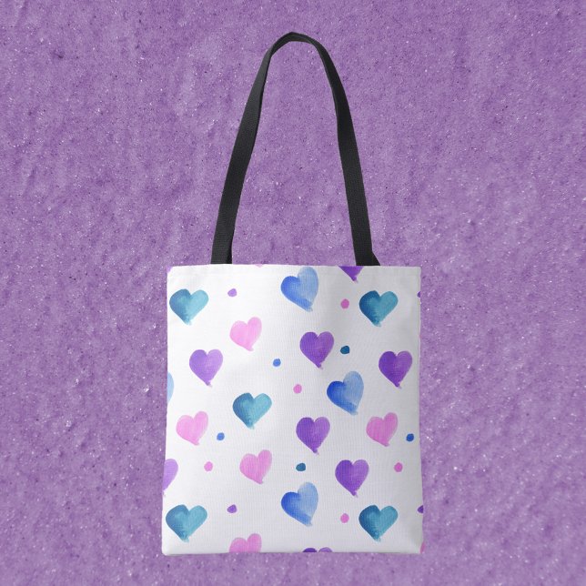 Bolsa Tote Corações Padrão Água Cor Azul Rosa Púrpura (A tote bag with a watercolor pattern of hearts and dots in pink, blue and purple.)