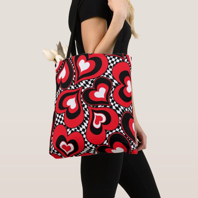 Bolsa Tote Corações, preto, vermelho e branco. (Close Up)