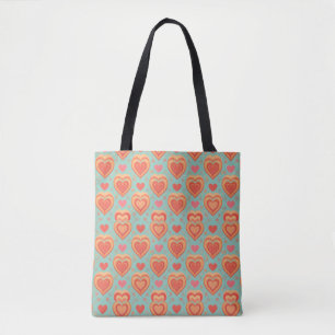 Bolsa Tote Corações Retro Groovy dos Anos 70 Amor Coral Mint