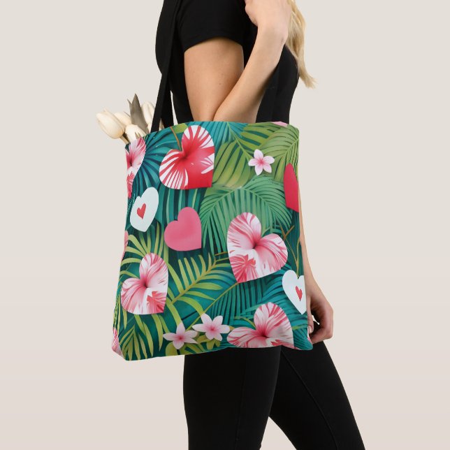 Bolsa Tote Corações simples e folhagem tropical (Close Up)