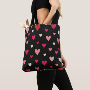 Bolsa Tote Corações Vermelhos, Rosas e Brancos Preto 