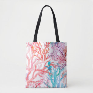 Bolsa Tote Corais de aquarela. Padrão sem costura com a part