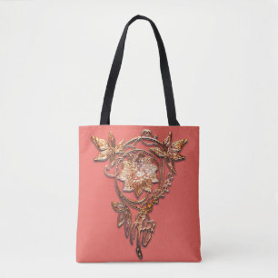 Bolsa Tote Coral da jóia da flor do ouro do nouveau da arte