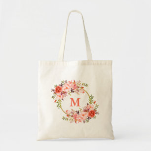 Bolsa Tote Coral de Aquarela Floral Monograma Dourado