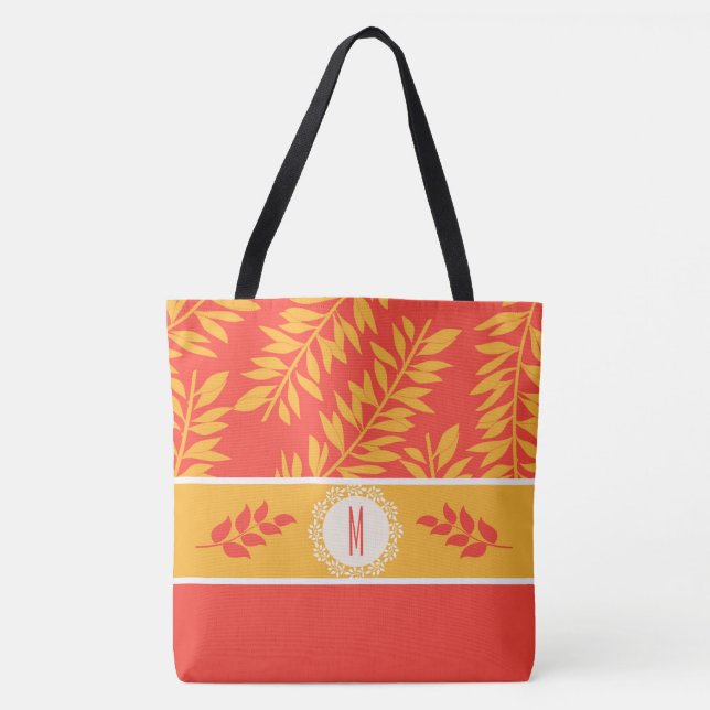 Bolsa Tote Coral e Cabana de Verão Amarelo monogramas (Frente)