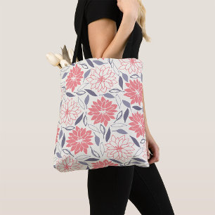 Bolsa Tote Coral e Creme Padrão Floral Vintage Dahlia