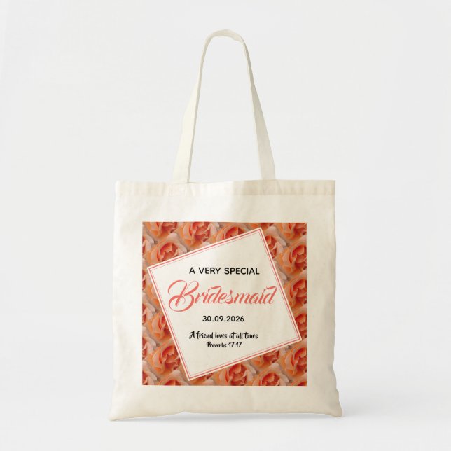 Bolsa Tote Coral Floral Wedding Christian Bridesmaid (Frente)