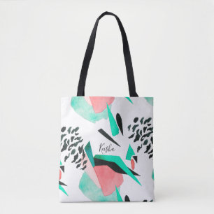 Bolsa Tote Coral Preto e Abstrato de Aqua Impressão com Nome