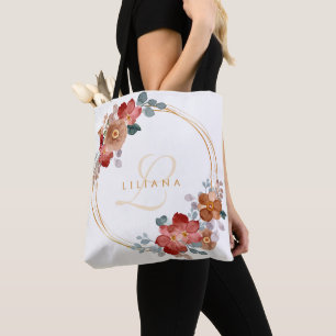 Bolsa Tote Coral Sienna Watercolor Floral Monograma Wreath