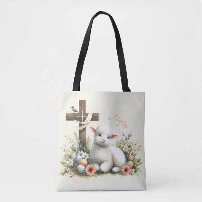 Bolsa Tote Cordero de Páscoa em Aquarela Personalizado (Frente)
