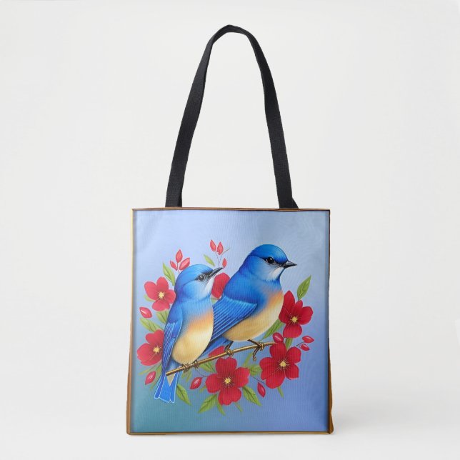 Bolsa Tote Cores-Bluebird Emitidos Entre Flores Vermelhas (Frente)