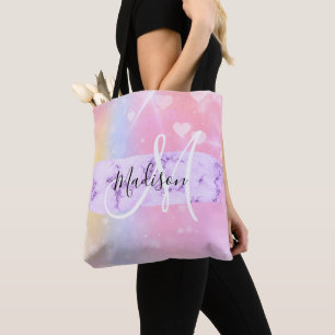 Bolsa Tote Cores Coloridas de Unicórnio Arco-Íris Corações Mo
