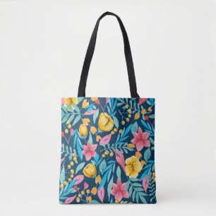 Bolsa Tote Cores de água botânica: flores, folhas, ornamento.