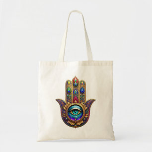 Bolsa Tote Cores de Pavão Dourado Hamsa Safira Verde Terceiro