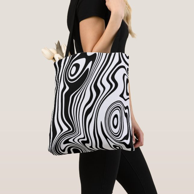 Bolsa Tote Cores Personalizadas Ondas Brancas Pretas Saco Bra (Close Up)