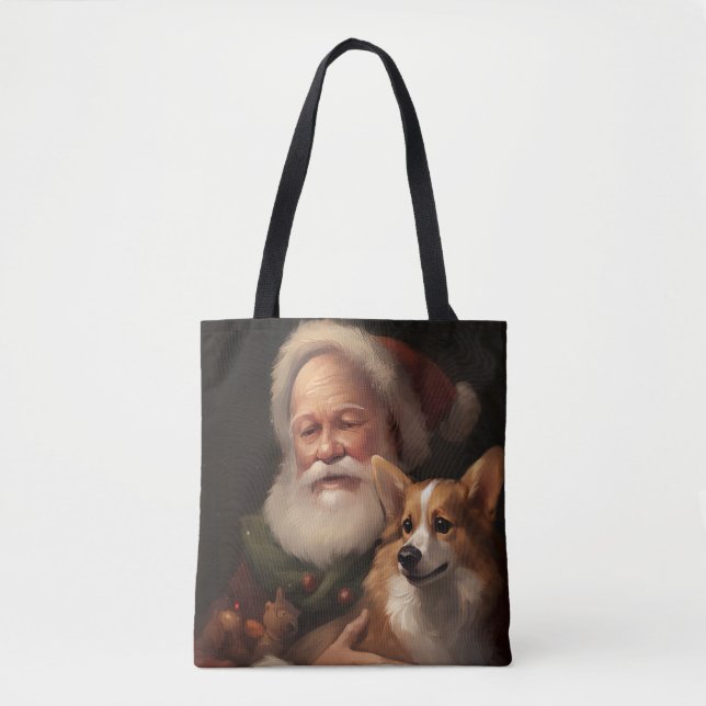Bolsa Tote Corgi com Papai Noel Natal Festivo (Frente)