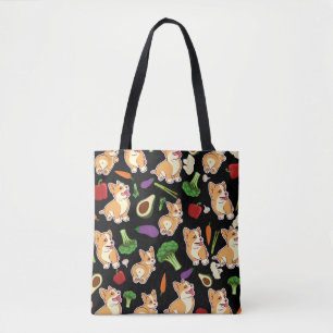 Bolsa Tote Corgi cúmulo e padrão de Comida vegetal preto